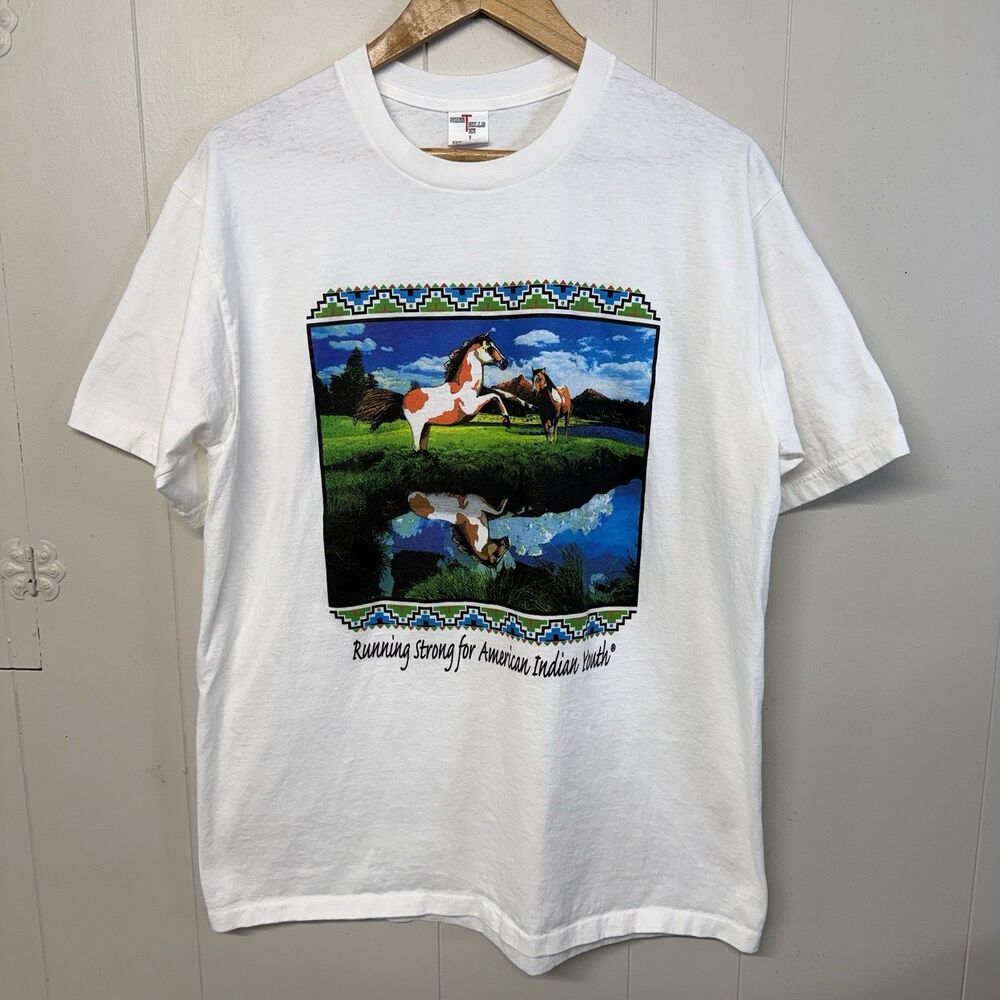 Vintage 90's Running Strong for American Indian Youth Horse T-Shirt Men L EUC